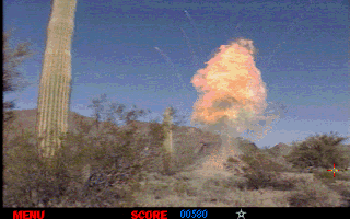 The Last Bounty Hunter (DOS) screenshot: Huge explosion in the desert