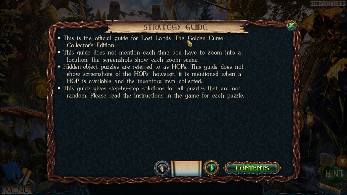 Lost Lands: The Golden Curse (Windows) screenshot: The in game strategy guide shows the location of every item. The demo version includes the whole of chapter one. There are five chapters and a bonus chapter in the game