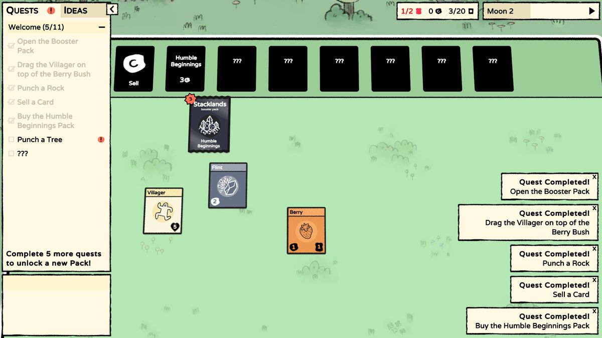 Stacklands (Windows) screenshot: Completed quests are shown on the right.