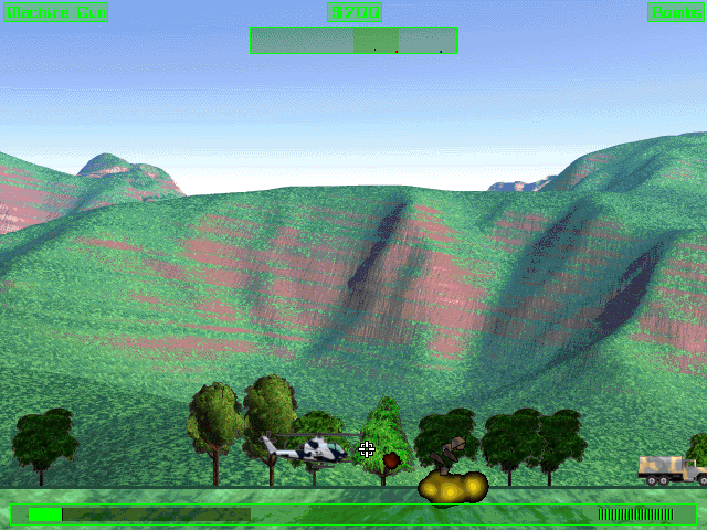 Cobra Gunship (DOS) screenshot: Without the tank escort, those trucks are easy pickings.
