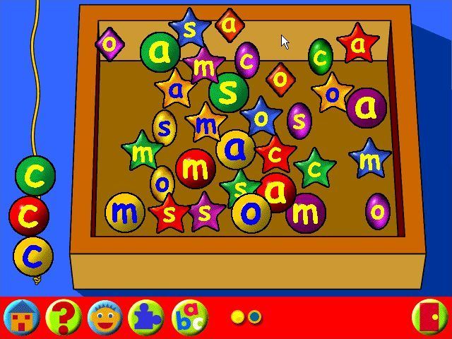 Learning Land 2: Biff's Birthday (Windows) screenshot: This is 'Brilliant Beads', it's a Letters game. The player has been asked to find all the beads with a letter that sounds like 'c'