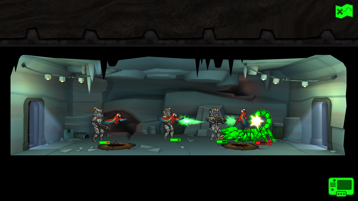 Fallout Shelter (Windows Apps) screenshot: Glowing Radscorpions are the toughest enemies, they will also poison your dwellers.