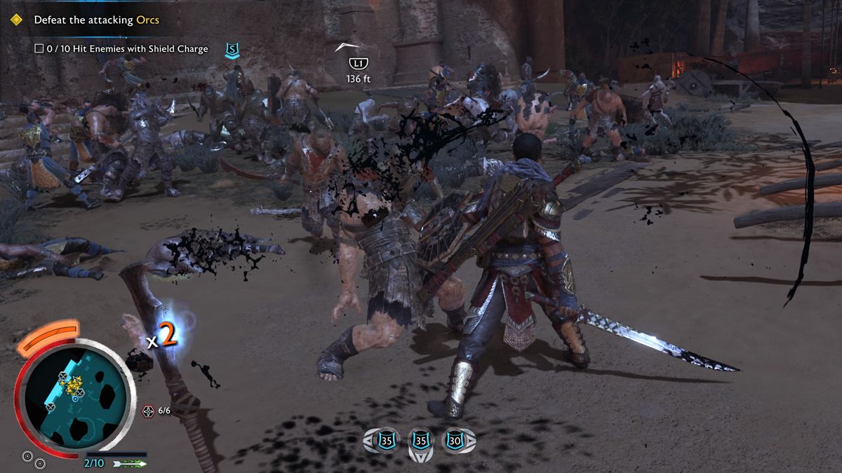 Middle-earth: Shadow of War - Desolation of Mordor (PlayStation 4) screenshot: Defending the mercenary camp