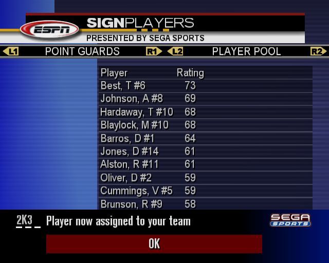 NBA 2K3 (PlayStation 2) screenshot: Roster Manager: Create Team<br>Selecting players from the player pool. Once a player is selected there's no marker to indicate it