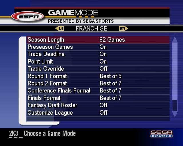 NBA 2K3 (PlayStation 2) screenshot: Game Modes<br> These are Street, Franchise, Season, Playoffs, Practice and Tournament. All apart from Practice have multiple configuration options