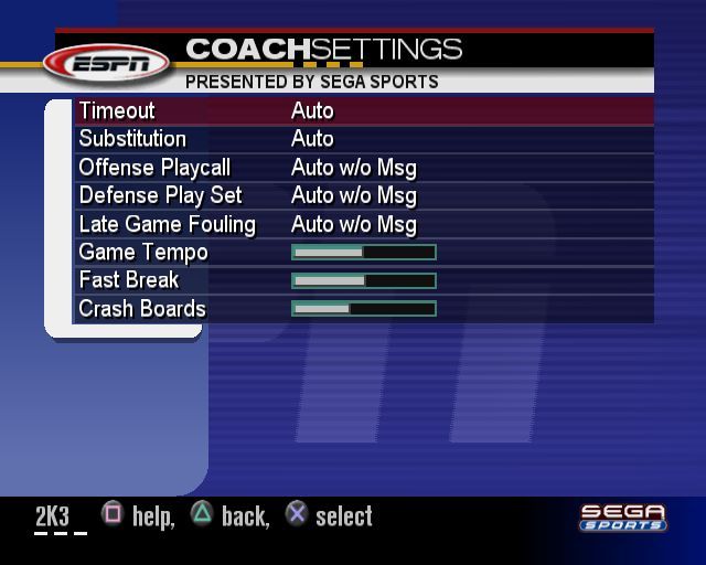 NBA 2K3 (PlayStation 2) screenshot: The in-game coaching settings