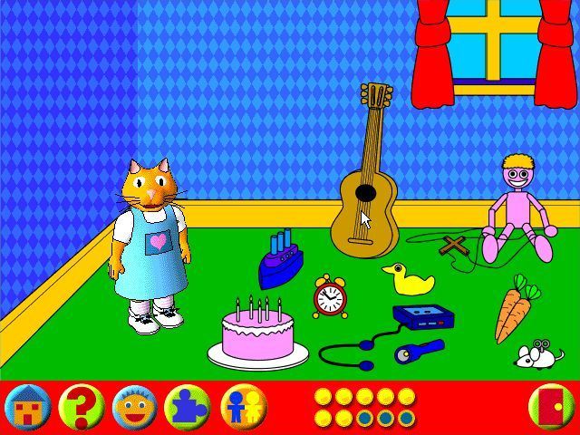 Learning Land 2: Biff's Birthday (Windows) screenshot: Me & My Friends is a puzzle game. Clues are given and the player must select the appropriate present. The cassette player and the alarm clock may give modern kids problems