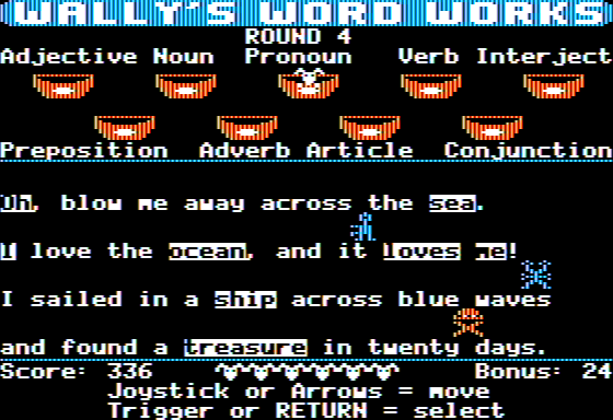 Wally's Word Works: The Parts of Speech Game (Apple II) screenshot: Round 4 has 3 Rovers