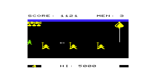 Quasimodo (VIC-20) screenshot: Jumping over Arrows in the Dark