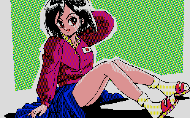 Cybernetic Hi-School (PC-88) screenshot: Get enough questions right and your examinator starts taking off some clothes