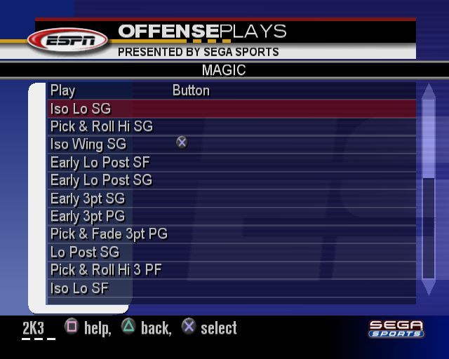 NBA 2K3 (PlayStation 2) screenshot: This screen allows the player to assign specific moves to a controller button