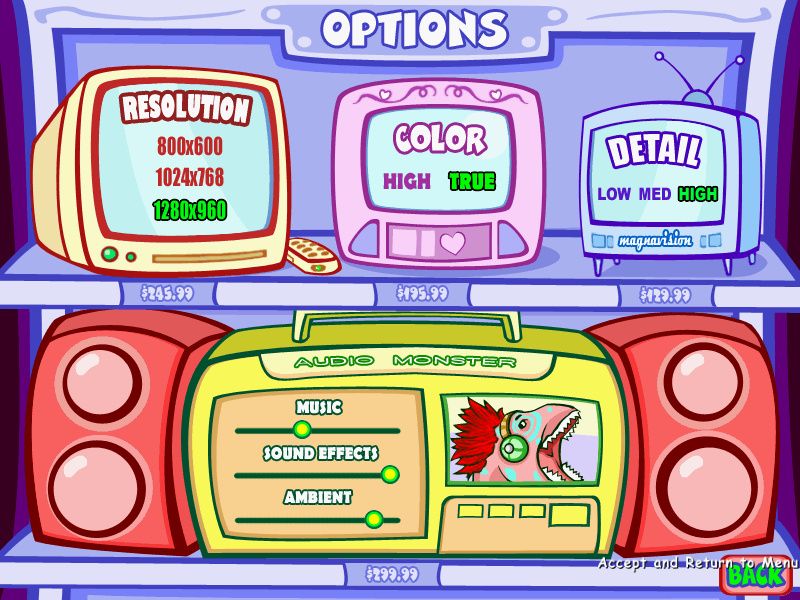 Mall Tycoon 3 (Windows) screenshot: Stylish options menu