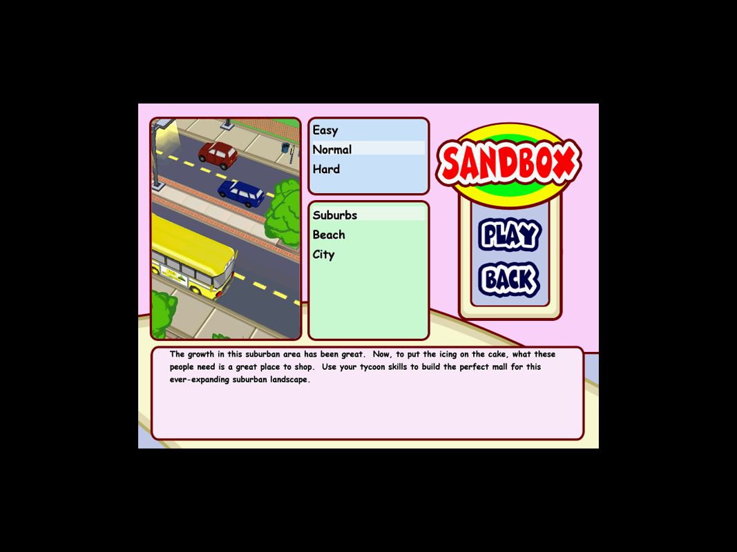 Mall Tycoon 3 (Windows) screenshot: Options when starting a game in Sandbox mode
