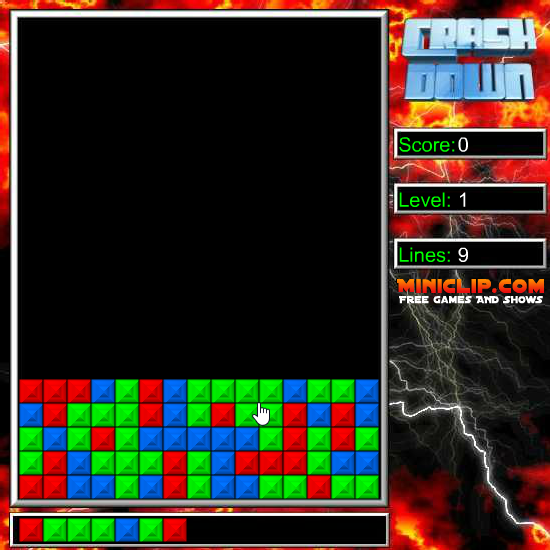 Crashdown (Browser) screenshot: Game screen - main board contains coloured cells and row below shows new row that will be rendered once filled in.