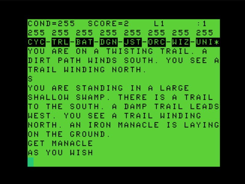 Keys of the Wizard (TRS-80 CoCo) screenshot: I Found a Manacle in the Woods