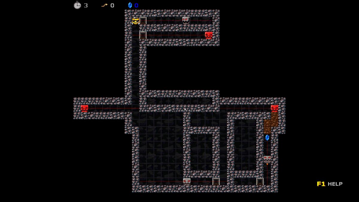 Trap Them (Windows) screenshot: This is the first level with enemies. Each red line shows their line of sight. Once we cross one of those lines they will chase us