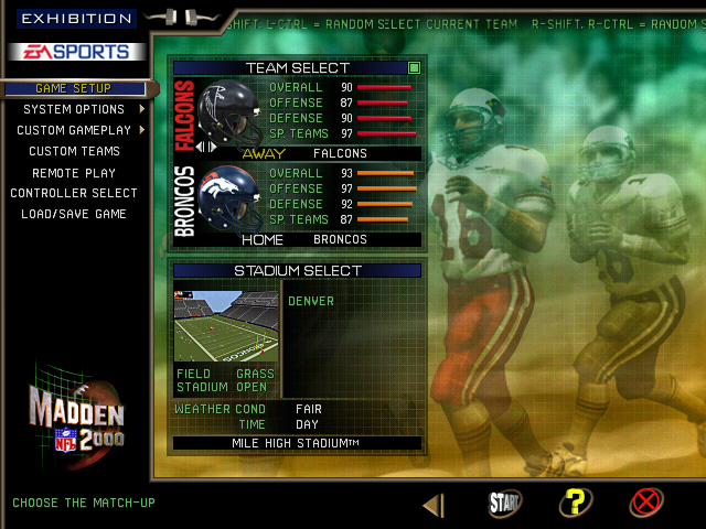 Madden NFL 2000 (Windows) screenshot: Game setup