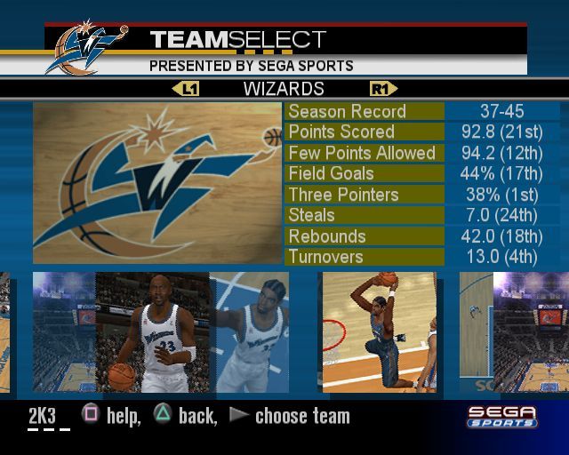 NBA 2K3 (PlayStation 2) screenshot: Game Modes: Full Season<br>This is the team selection screen. The lower half of the screen is a slideshow with some pictures moving left/right and others moving right/left