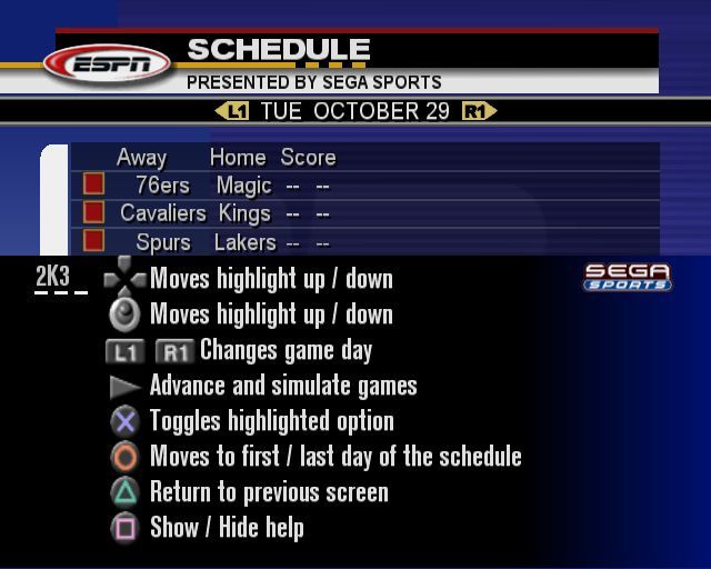NBA 2K3 (PlayStation 2) screenshot: Playing a full season<br>This shows the games played on the first day plus the menu navigation controls