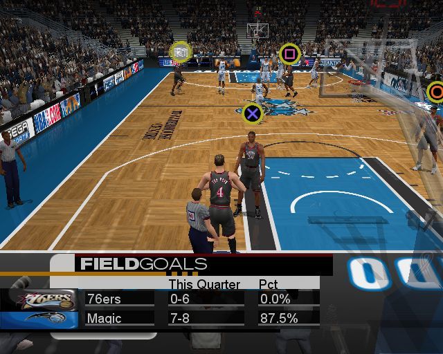 NBA 2K3 (PlayStation 2) screenshot: Specific players can be identified and selected by controller buttons