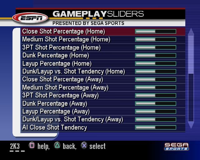 NBA 2K3 (PlayStation 2) screenshot: The Options menu the following options NBA Rules, Game Play, Game Play Sliders, Presentation, Camera and Controller Setup. These are the Gameplay Sliders. Lots to tinker with