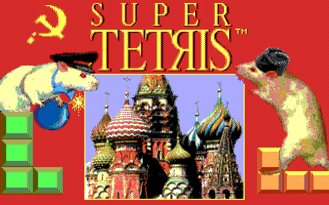 Super Tetris (DOS) screenshot: Title screen (EGA 640x200 mode)