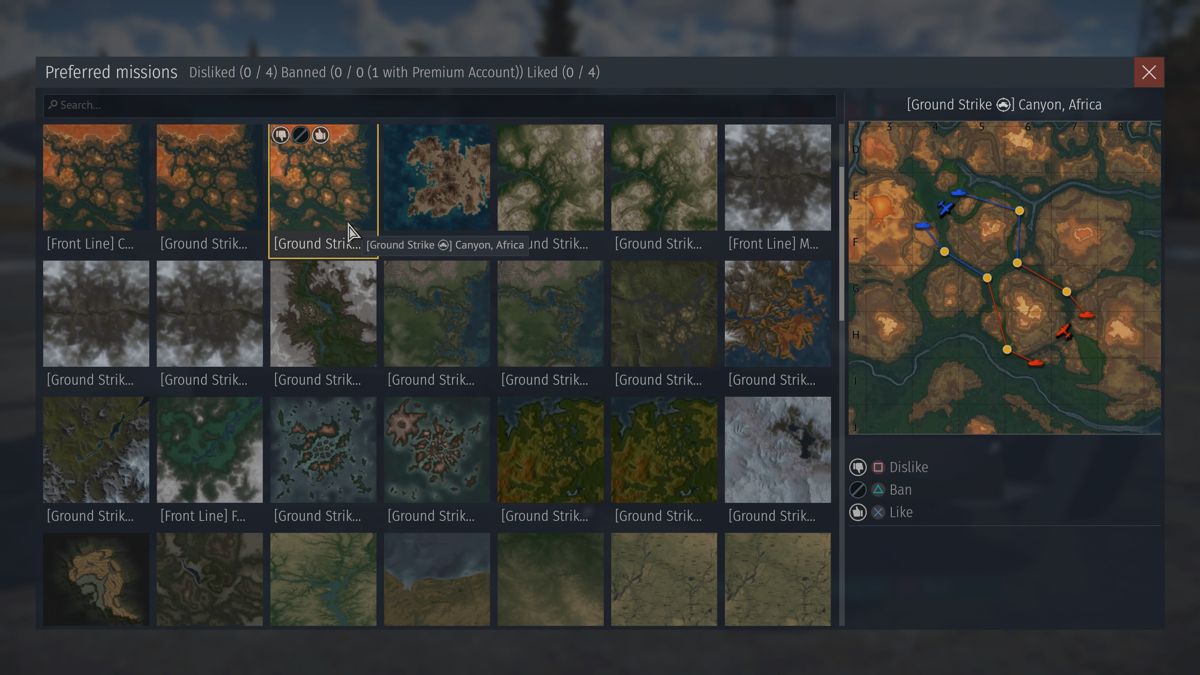 War Thunder (PlayStation 4) screenshot: Version 3.40: Map/mission select screen