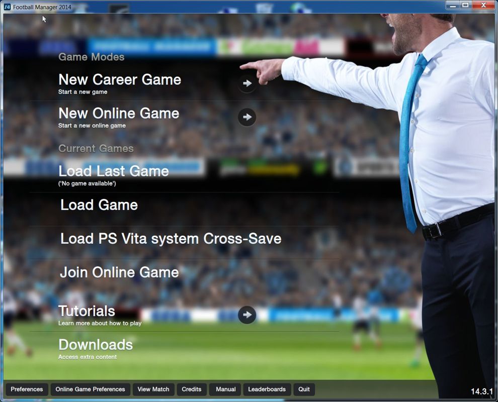 Football Manager 2014 (Windows) screenshot: The main menu. The game plays in both windowed and full screen modes.<br>There are two modes to the Career game, Classic and FM2014 which has all the latest bells & whistles.