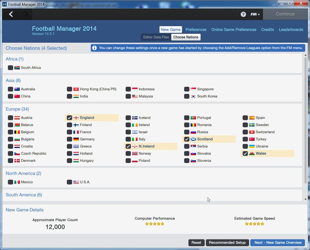 Football Manager 2014 (Windows) screenshot: Starting a game in FM2014 Career Mode.<br>There are 51 countries to choose from. Any number can be selected. More countries means a larger database and is not recommended for slow machines