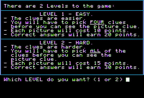 Who am I?: Birds, Trees, and Flowers (Apple II) screenshot: Choosing a Difficulty Level