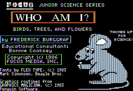 Who am I?: Birds, Trees, and Flowers (Apple II) screenshot: Title Screen