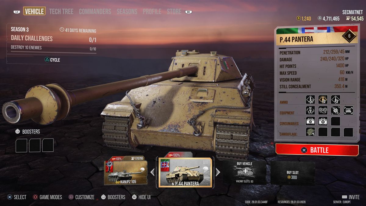 World of Tanks (PlayStation 4) screenshot: Version 1.65: Completely new garage look