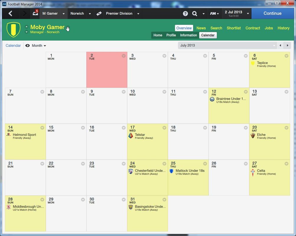 Football Manager 2014 (Windows) screenshot: Starting a game in FM2014 Career Mode.<br>This is the team's calendar at the start of the season