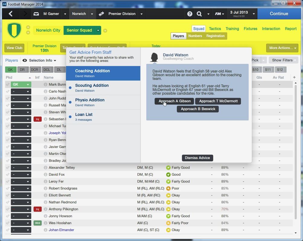 Football Manager 2014 (Windows) screenshot: When selecting a team there's always the option to get advice from the staff