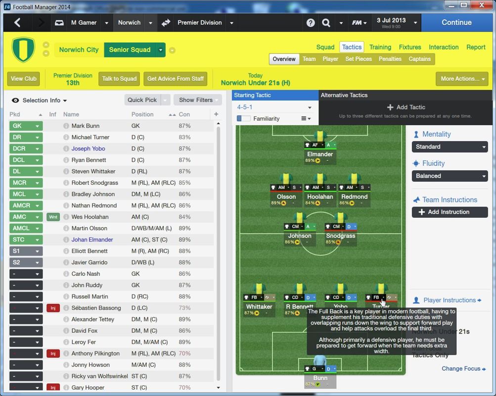 Football Manager 2014 (Windows) screenshot: The manual says that the Tactical part of the game has been overhauled. Player roles & team strategies are more prominent plus definable roles for players in multiple positions