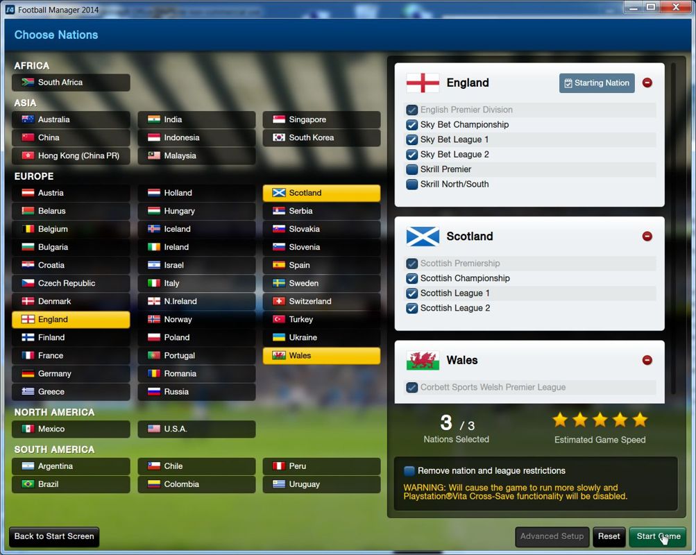 Football Manager 2014 (Windows) screenshot: Starting a career in Classic mode.<br>The layout is different, there are fewer countries and only three countries can be selected