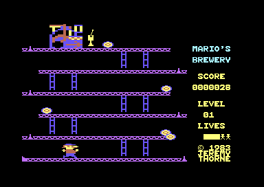Mario's Brewery (Commodore 64) screenshot: Avoiding Drink Barrels