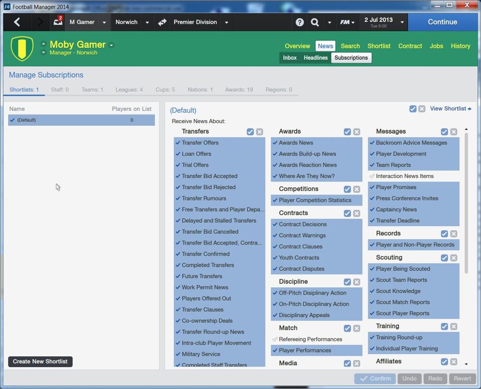 Football Manager 2014 (Windows) screenshot: The manual says that 'the News System has been overhauled allowing the manager to deal with club matters through their in-box'. News items can be colour coded for ease