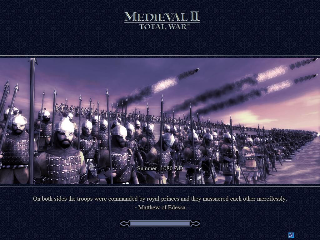 Medieval II: Total War (Windows) screenshot: Loading creen - the unique tradition since Rome: Total War, providing quotations from famous people.