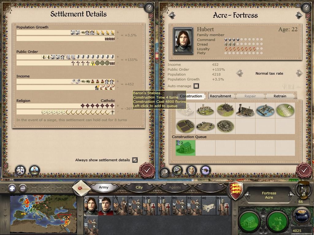 Medieval II: Total War (Windows) screenshot: City Building - here you can plan and construct buildings for your city. The left screen shows specific information regarding income and happiness levels of your city.