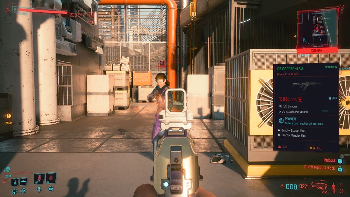 Cyberpunk 2077 (PlayStation 4) screenshot: Attaching scopes to firearms improves both zooming and aiming at the same time