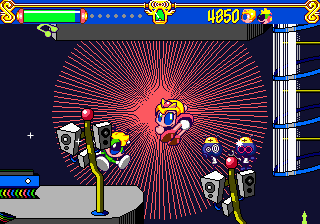 Tempo (SEGA 32X) screenshot: Pantsu shot and epilepsy warning (this stage is very hard on the eyes in action)
