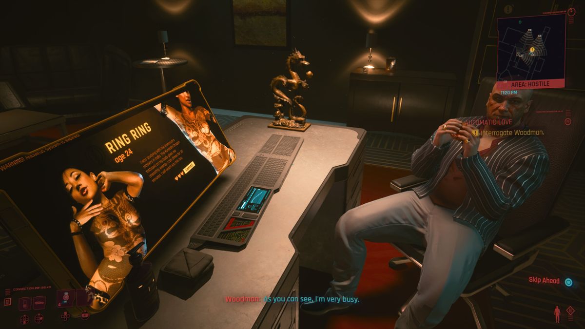 Cyberpunk 2077 (PlayStation 4) screenshot: Talking to Woodman who is apparently, very busy