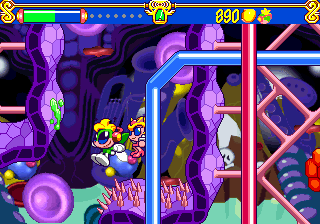 Tempo (SEGA 32X) screenshot: This level is inside someone's stomach. Background images move chaotically all the time, so it doesn't look pretty in action.