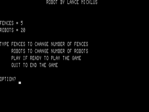 Robot (TRS-80) screenshot: Game Setup