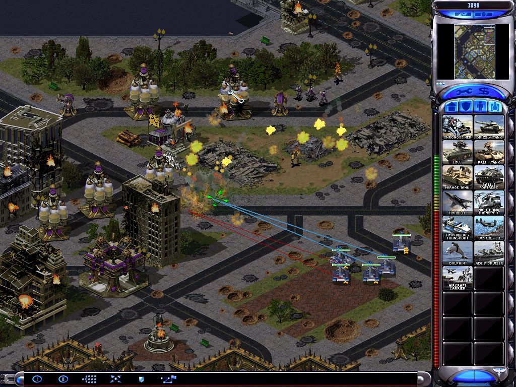 Command & Conquer: Yuri's Revenge (Windows) screenshot: Allied Prism Tanks wreaking havoc up on Yuri's installations.