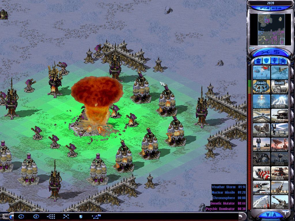 Command & Conquer: Yuri's Revenge (Windows) screenshot: Nuclear strike on well guarded Psychic Dominator.