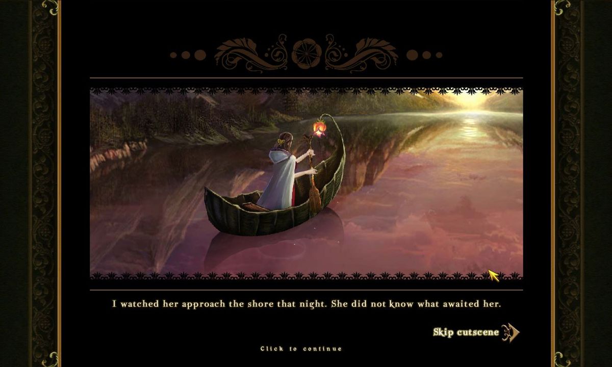 Awakening: Moonfell Wood (Windows) screenshot: Another series of storyboards advances the story. The tutorial is over, we're off to Moonfell Wood looking for the Fairy Queen.<br><br>Big Fish demo