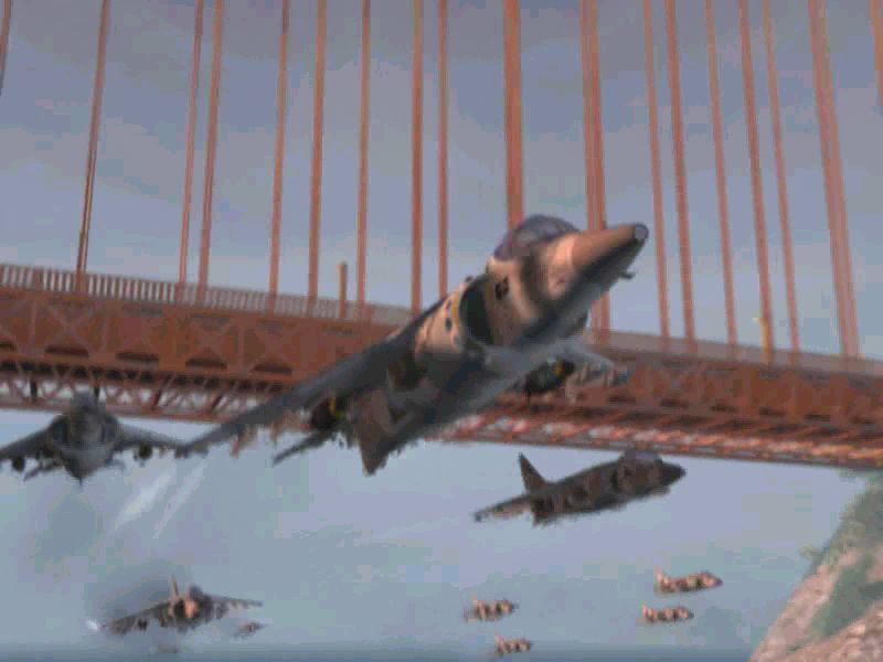 Command & Conquer: Yuri's Revenge (Windows) screenshot: Allied Harriers heading towards the Alcatraz island to assault Yuri's psychic beacon