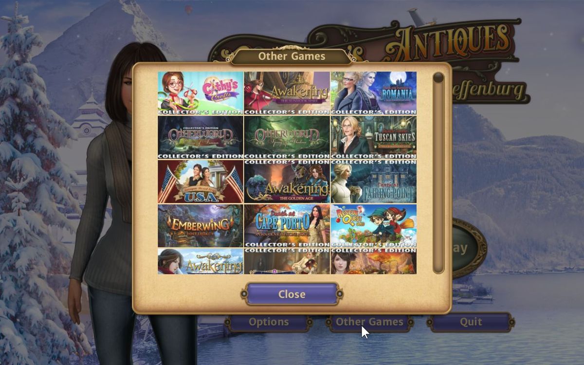 Faircroft's Antiques: Treasures of Treffenburg (Windows) screenshot: The main menu's 'Other Games' option opens up this screen. Clicking on any tile opens up the relevant Big Fish store page for that game<br><br>Big Fish demo